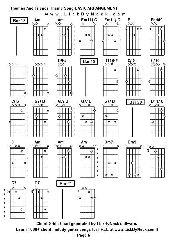 Chord Grids Chart of chord melody fingerstyle guitar song-Thomas And Friends Theme Song-BASIC ARRANGEMENT,generated by LickByNeck software.